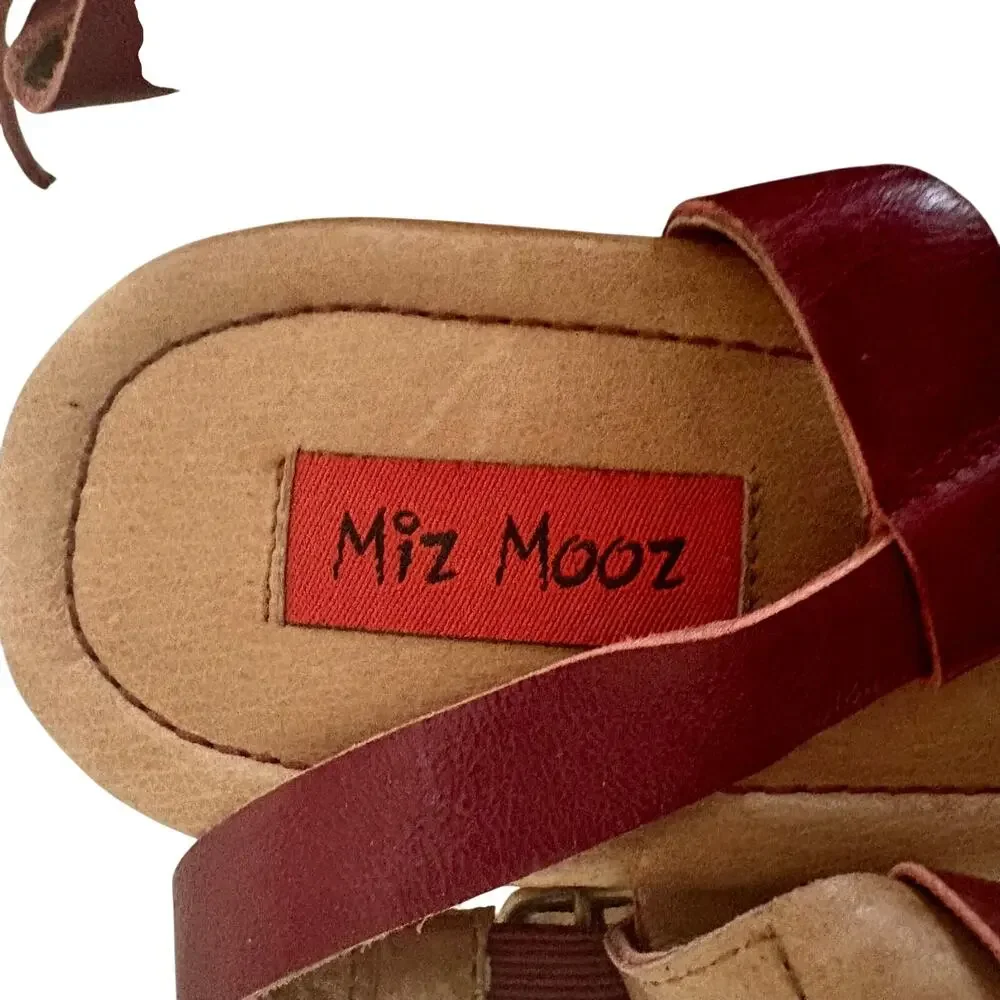 Miz Mooz Gizmo Maroon Leather Strappy Wood Wedge Slingback Sandals Basketweave